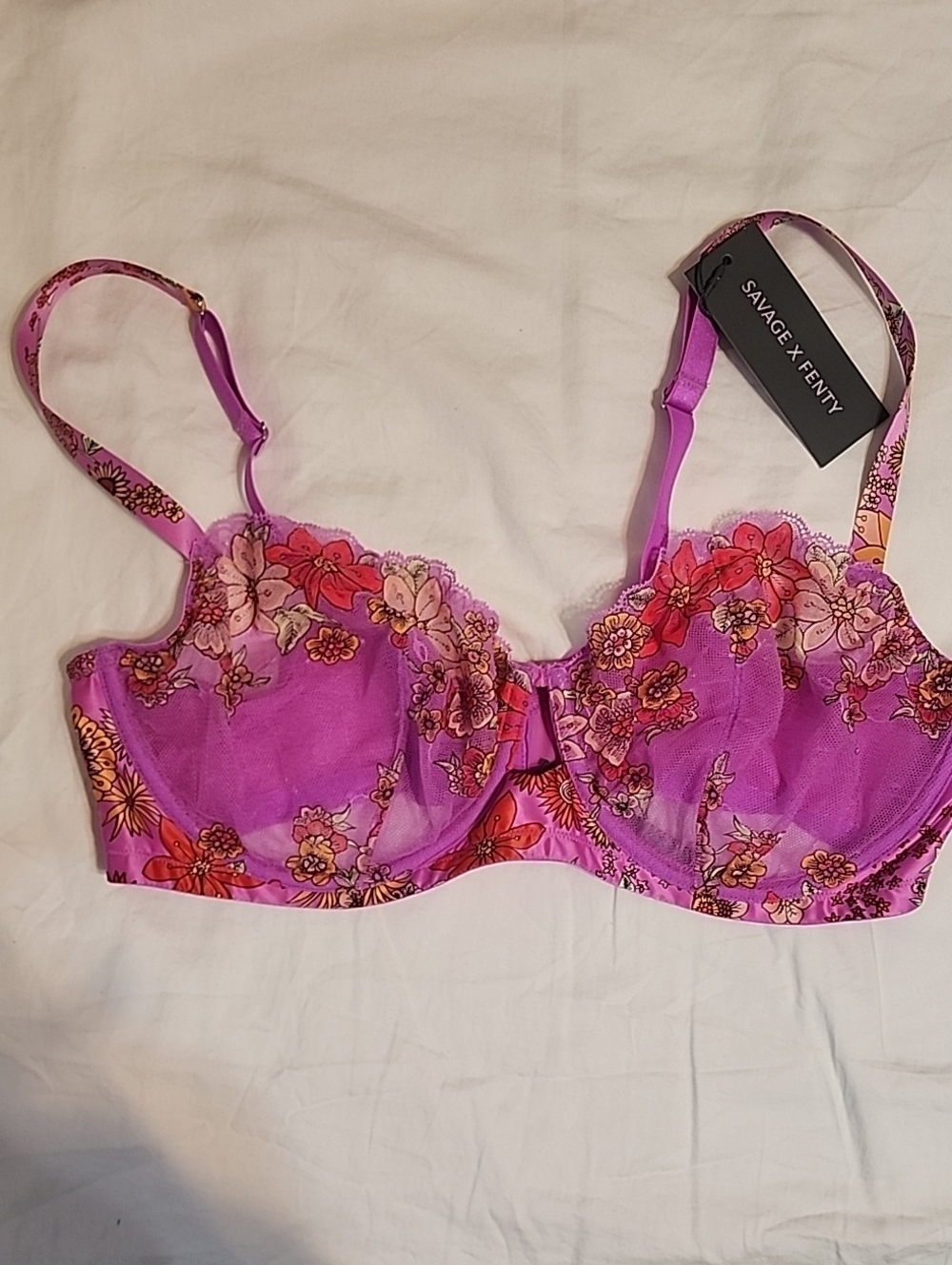 Savage X Fenty Mod Poppy Pink & Purple Floral Lace Underwire Bra & Panty Set